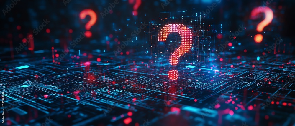 Poster hightech business workspace featuring floating question mark holograms on a digital background, symb