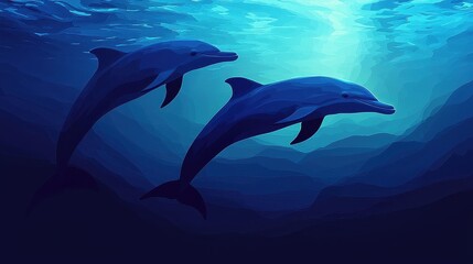 Fototapeta premium Two dolphins swim gracefully through deep blue waters, illuminated by soft light filtering from above.