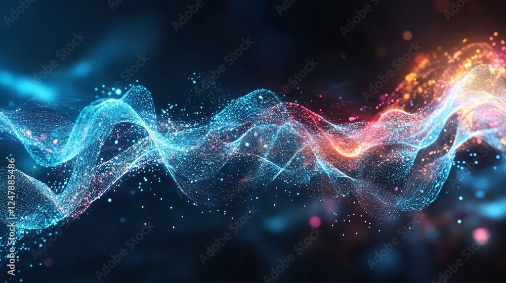 Poster abstract digital wave with dynamic blue and orange particles on a dark background