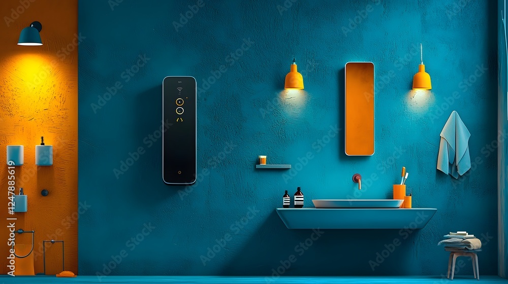 Poster sleek and modern smart bathroom featuring voice activated lighting automated temperature controls an