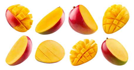 Fresh Juicy Mango in Slices and Cubes with Vibrant Yellow Flesh, isolated on transparent background