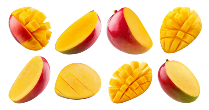 Fresh Juicy Mango in Slices and Cubes with Vibrant Yellow Flesh, isolated on transparent background