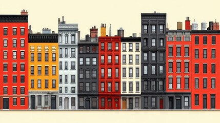 Vibrant Cityscape Panorama Architectural Illustration Colorful Buildings Urban Townhouses Row Houses Apartments Skyline