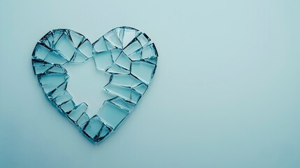 Broken Glass Heart Shape on Blue Background Representing Heartbreak