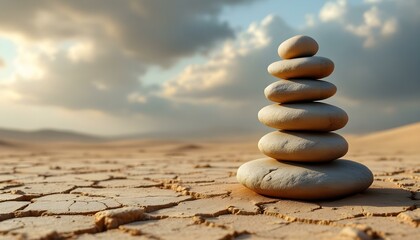 zen, stones, tall, stack, uneven, rugged, textures, cracked, desert, soil, dramatic, sky, sandstorm, clouds, dust, wind, trails, swirling, base, hyperrealistic, detail, serene, tranquil, harmony, peac