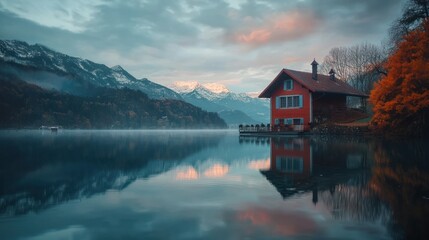 Fototapeta premium Red house on lake with mountain reflection at sunrise.