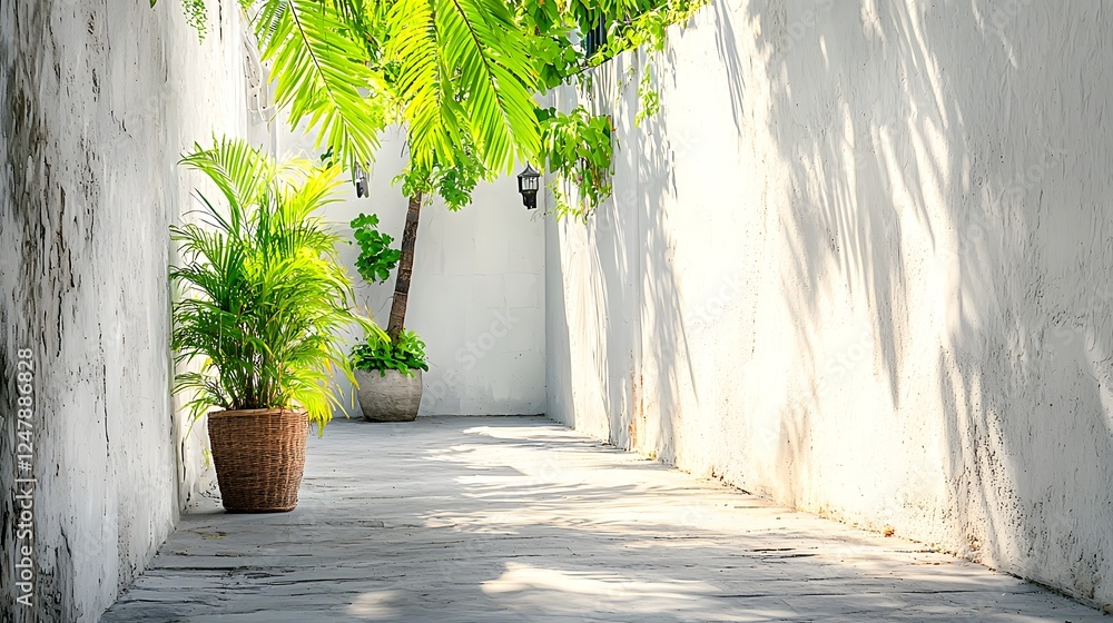 Aufkleber Tranquil and Lush Tropical Garden Pathway Lined with Towering Palm Trees and Surrounded by a Serene White Wall Background Creating a Peaceful and Inviting Natural Oasis
