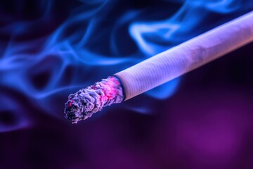 Close-up of burning cigarette with blue smoke. Illustrates dangers and consequences of smoking.