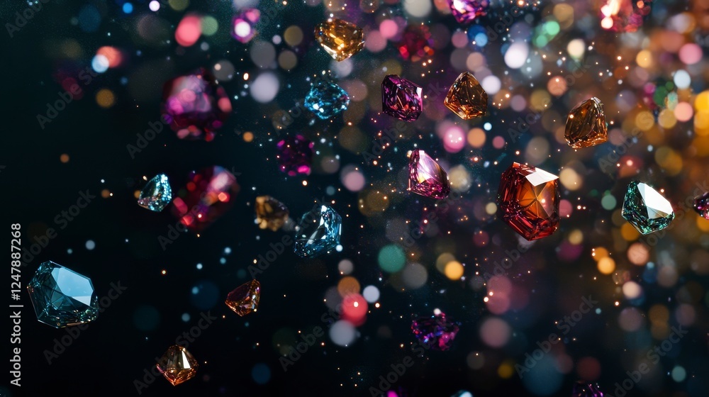 Poster shimmering colorful gems and bokeh lights in artistic background