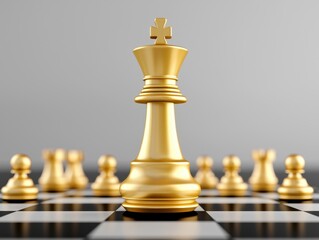 A golden king chess piece stands prominently on a checkered board, surrounded by pawns, symbolizing strategy and competition in chess.