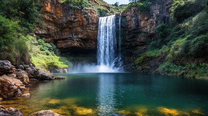 Fototapeta na wymiar Waterfall cascading into pool, lush green valley background; nature scene