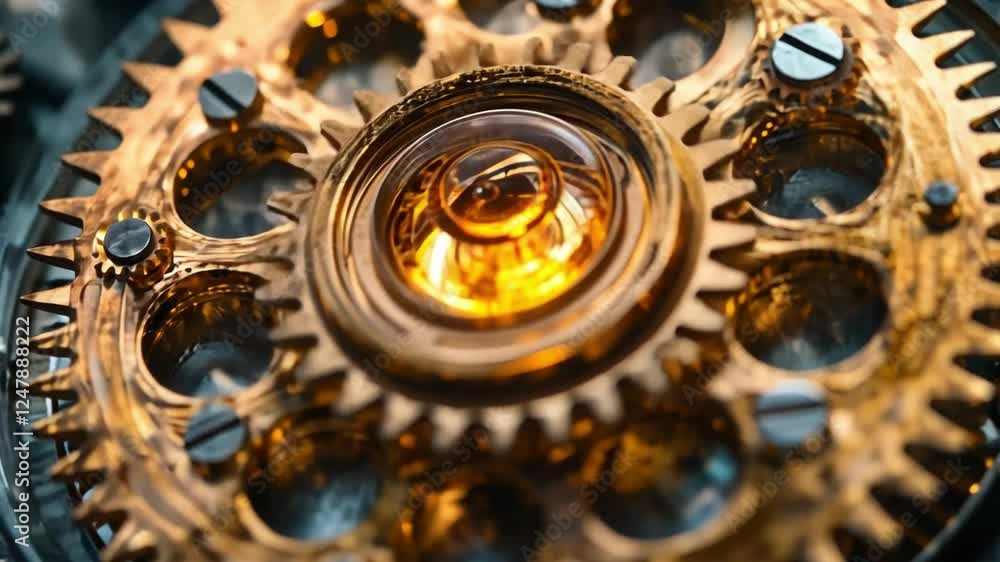 Poster golden gears in motion: close-up view of intricately interlocked gears, their golden surfaces gleami