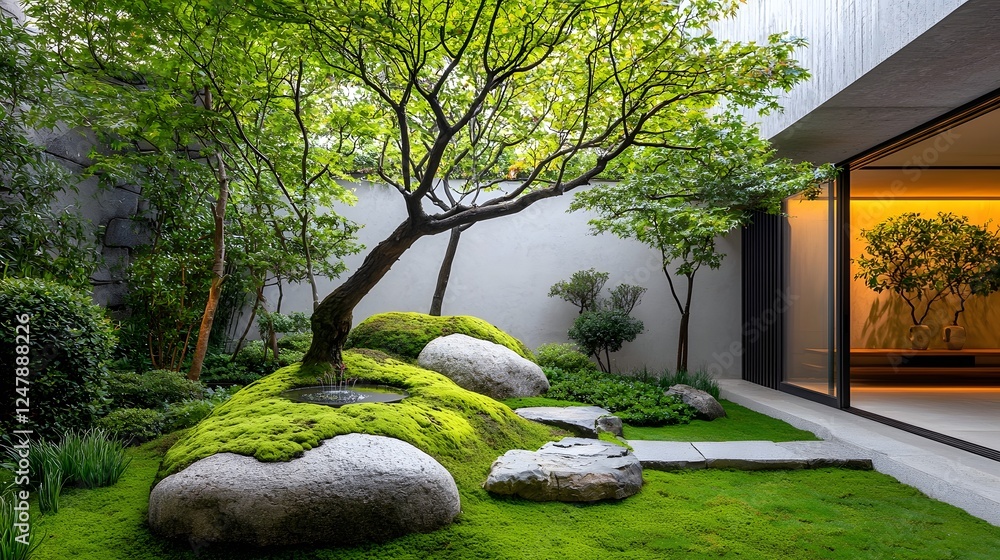 Poster Tranquil minimalist garden design featuring a lush moss covered rock arrangement and a calming water feature creating a serene and inviting entrance space