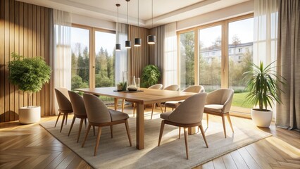 Modern Dining Room Photography: Sleek Wood Table, White Rug, Beige Curtains - High-Resolution Image