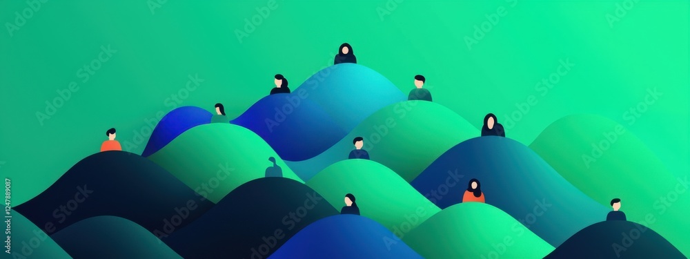 Poster diverse group of people on abstract colorful waves background in a modern flat design style