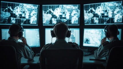 High-Tech Surveillance Room with Operators Monitoring Multiple Digital Screens in a Dark Environment