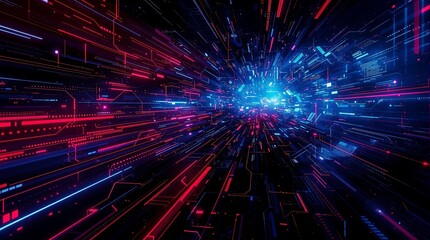 Fototapeta premium An abstract digital tunnel of glowing red and blue circuit lines converges towards a bright light at the end.