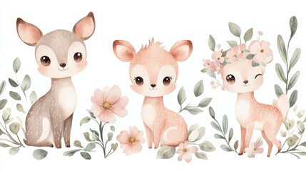 Obraz premium Cute Cartoon Deer Characters Surrounded by Floral Elements