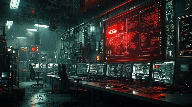 Global crisis monitoring; futuristic control room; red alert - Powered by Adobe