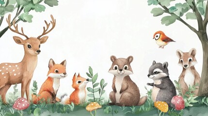 Naklejka premium Charming Woodland Animals Gathering in a Serene Natural Setting