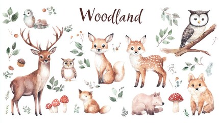 Obraz premium Woodland Animals Collection with Deer, Foxes, and Owls in Nature