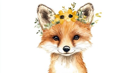 Obraz premium Cute Fox with Flower Crown in Watercolor Style Illustration