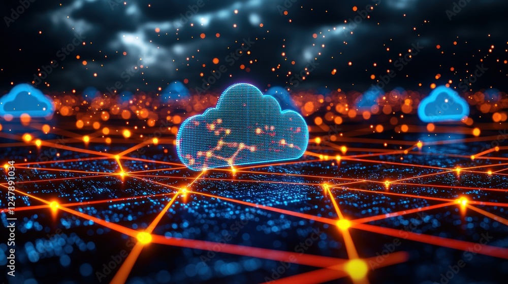 Poster global network cloud computing, digital data transfer, dark background