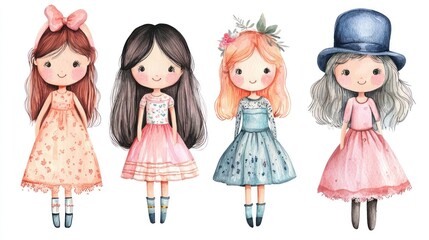 Charming Illustrated Dolls in Colorful Dresses for Kids' Decor