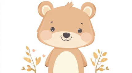 Obraz premium Cute Cartoon Bear Character Surrounded by Fall Leaves and Hearts