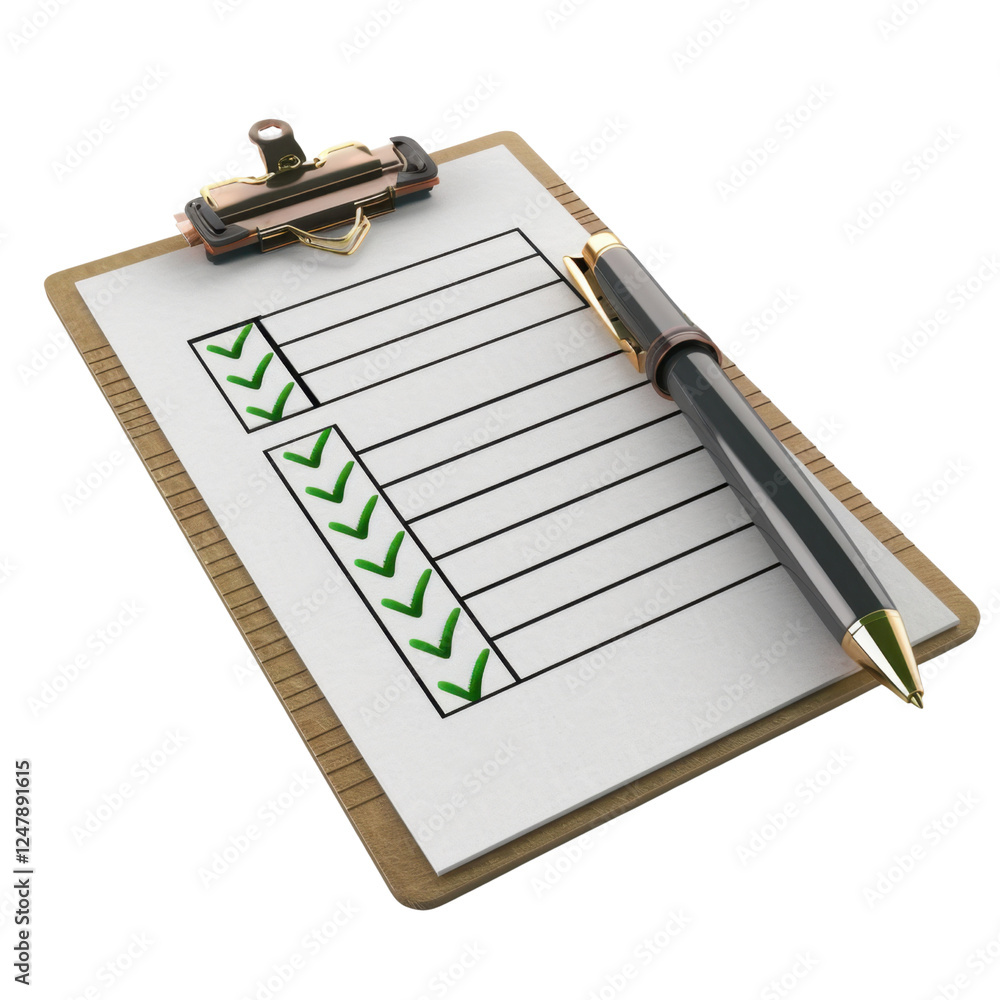 Poster clipboard with checklist and pen, symbolizing organization and task management. checklist features g