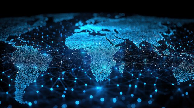 Global network connection, data flow, world map, digital background, tech illustration