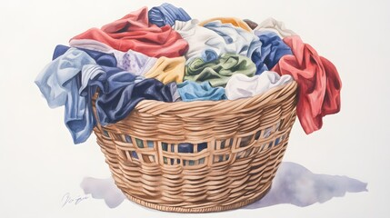 A woven basket is overflowing with colorful folded laundry