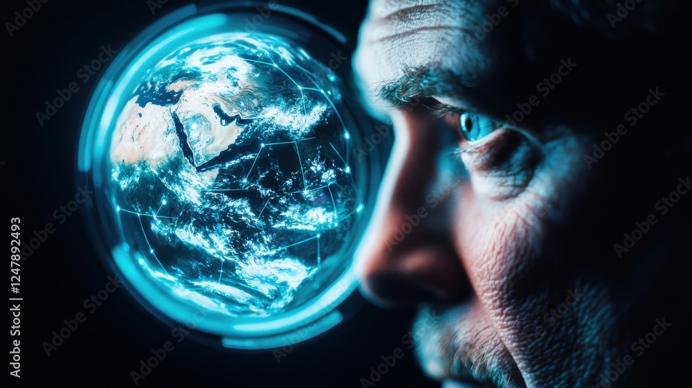 Aufkleber man gazing at glowing digital globe with interconnected lines representing global awareness and tech