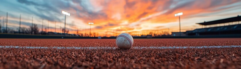 A baseball resting on dirt at dusk with dramatic sunset colors.