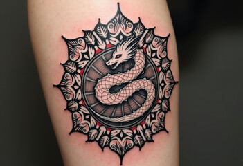 Snake and Mandala Arm Tattoo, Black Ink, Detailed