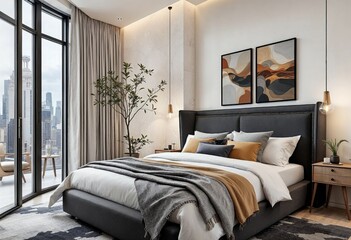 stylish loft bedroom interior with light walls