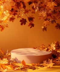 Autumn Leaves with Round Display Base on Vibrant Orange Background