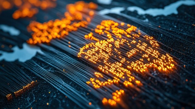 Global network data flow, fiber optic cables, world map background, technology concept - Powered by Adobe