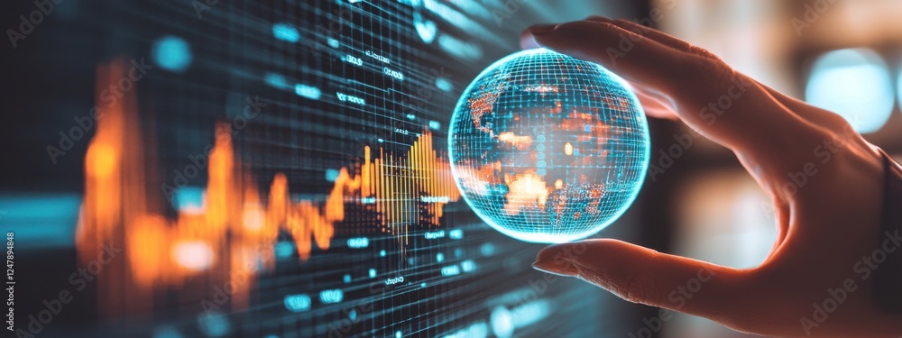 Aufkleber futuristic digital interface with holographic globe and financial data insights in modern workspace