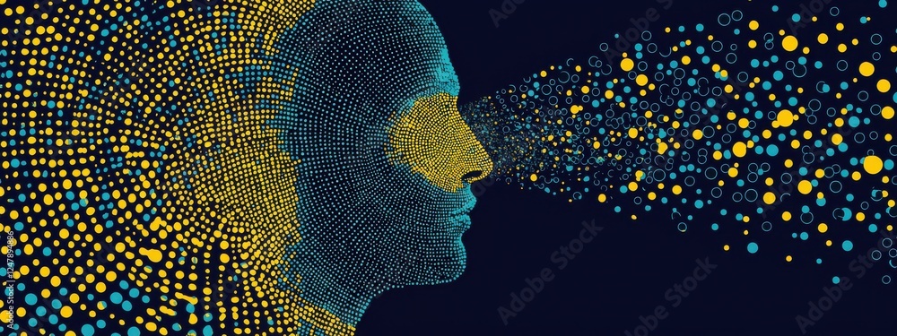 Poster abstract representation of human mind with dots emitting light and colorful particles on dark backgr