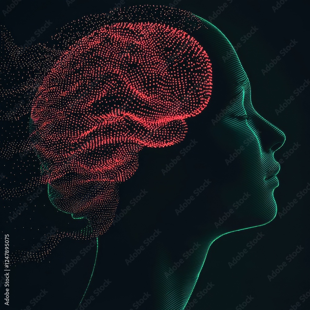 Aufkleber abstract visualization of human brain with neon colors and digital dots in profile view for creative