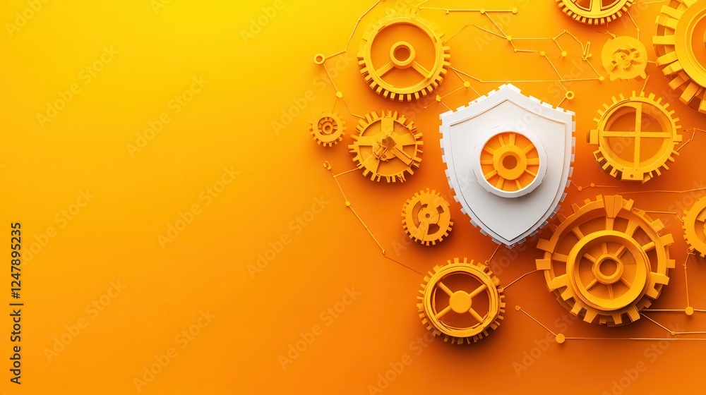 Poster a small business workspace with interconnected gears and shields representing business continuity an