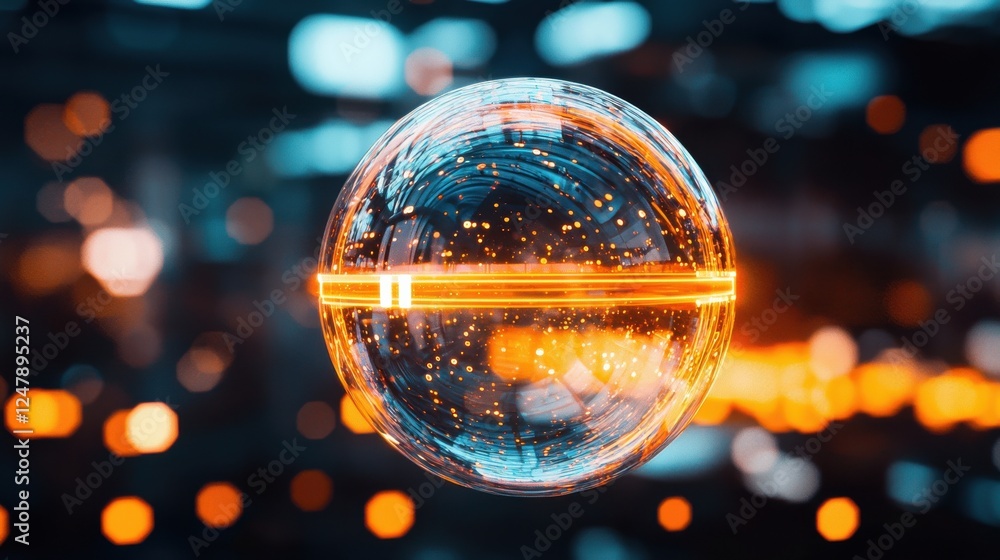 Poster futuristic glowing sphere with dynamic light effects in an abstract technology background
