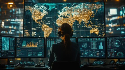 Global network monitoring woman analyzes data, world map backdrop