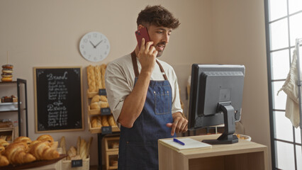 Young man in a bakery wearing an apron, talking on the phone while standing at a counter with a...