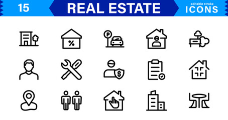 Real Estate Icon Set with Modern, Minimal, and Scalable Vector Icons for Property, Housing, Architecture, UI, Web, Mobile, and Graphic Design