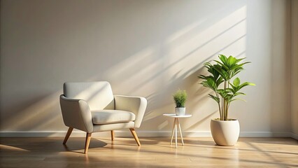 Serene Minimalist Interior: White Armchair, Plant, Soft Lighting - Urban Exploration Photography