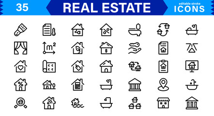Real Estate Icon Set with Modern, Minimal, and Scalable Vector Icons for Property, Housing, Architecture, UI, Web, Mobile, and Graphic Design