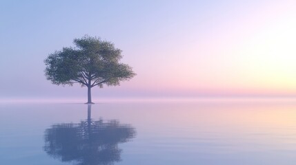 Serene tree reflecting in calm misty water at dawn; peaceful nature scene for meditation