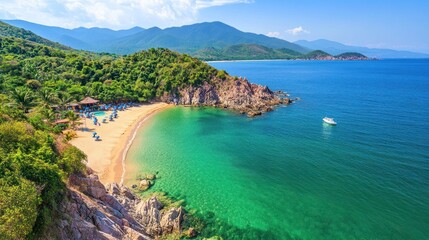 Fototapeta premium Idyllic Beach Getaway: Coastal Paradise with Azure Waters and Lush Greenery